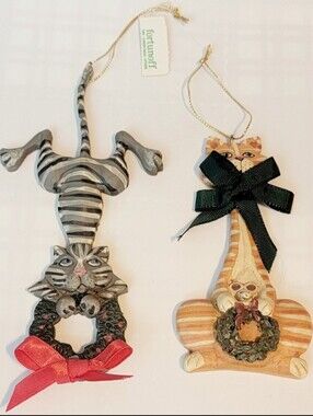 Vintage 2 Whimsical Kurt Adler CAT Christmas Ornaments Gray Stripe Orange Tabby